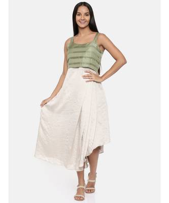 mayank modi  Silver beige and green cotton silk pleated dress  1