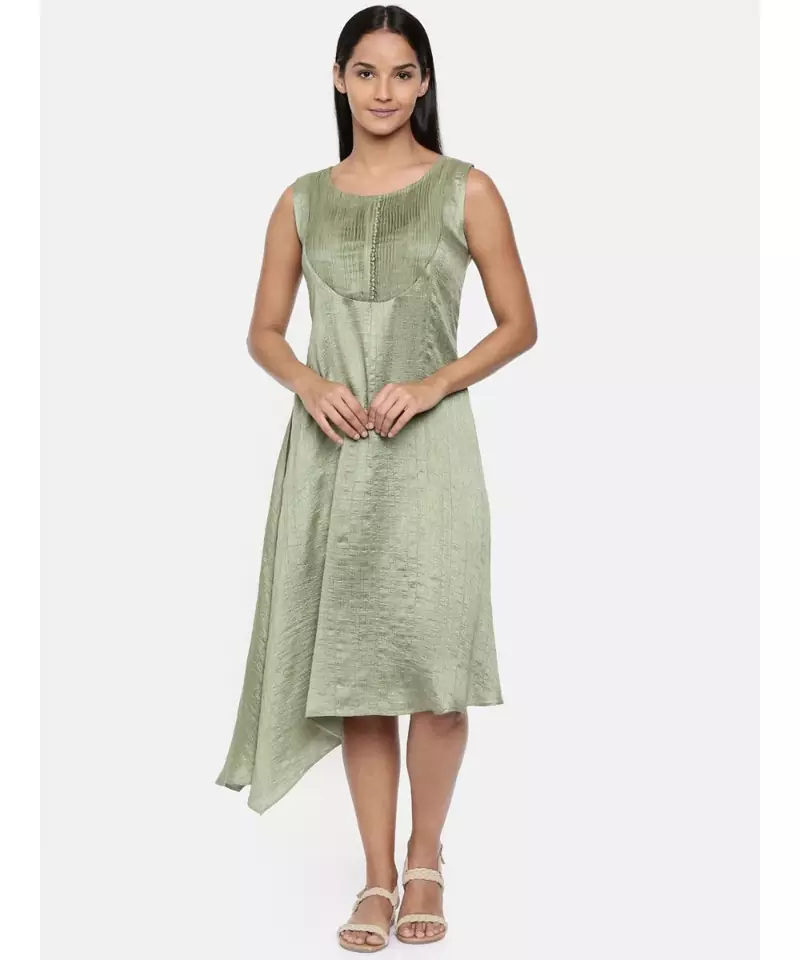 mayank modi  Green, cotton silk dress with pleats detailings.