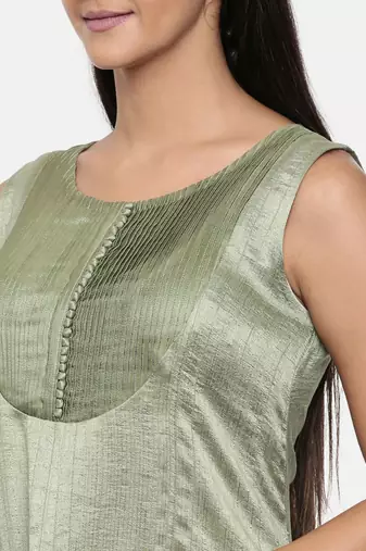 mayank modi  Green, cotton silk dress with pleats detailings.