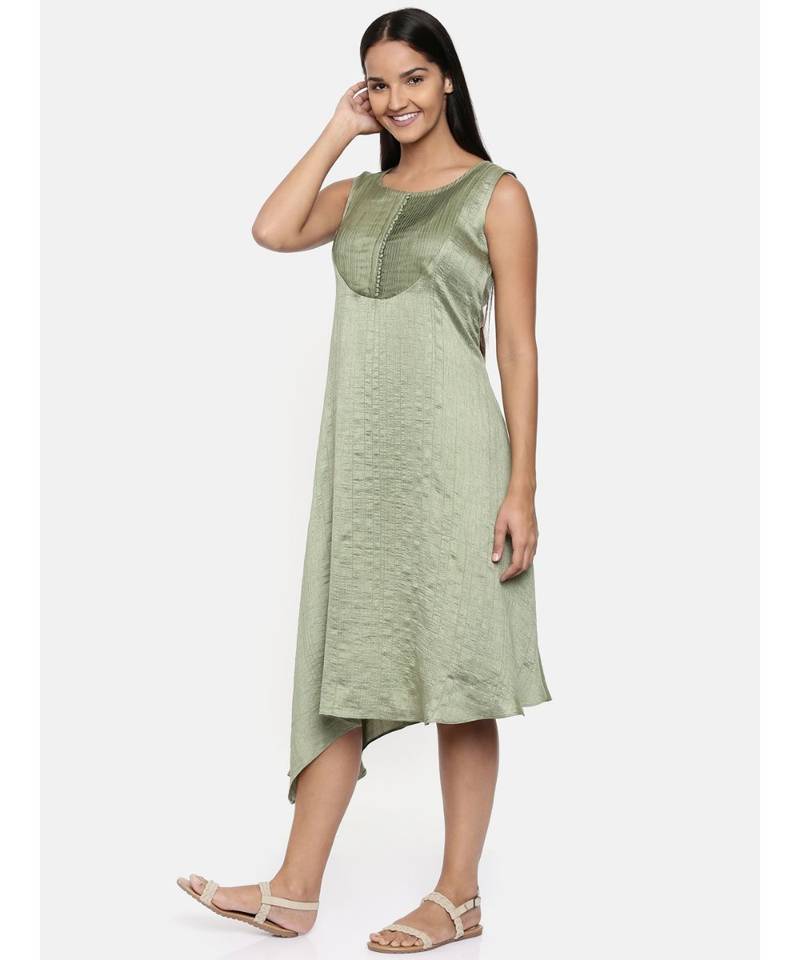 mayank modi  Green, cotton silk dress with pleats detailings.