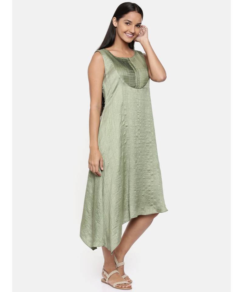 mayank modi  Green, cotton silk dress with pleats detailings.