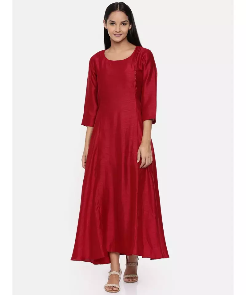 mayank modi  Red cotton silk panelled dress with show potlis.
