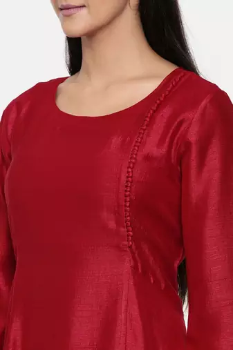 mayank modi  Red cotton silk panelled dress with show potlis.