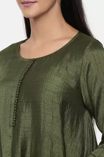 mayank modi  Green cotton silk dress with show potlis.