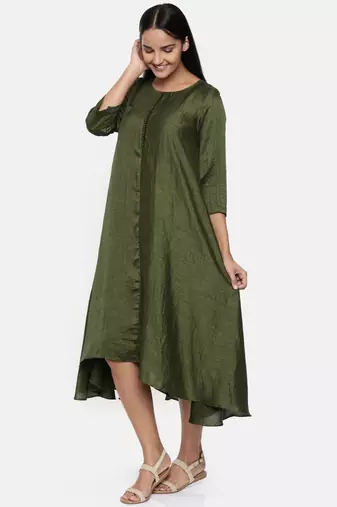 mayank modi  Green cotton silk dress with show potlis.