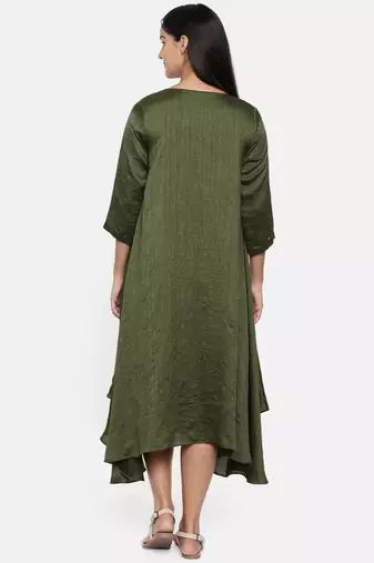 mayank modi  Green cotton silk dress with show potlis.
