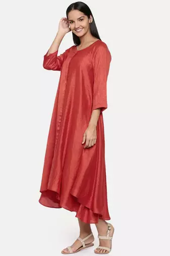 mayank modi  Rust orange high low dress with center show potlis.