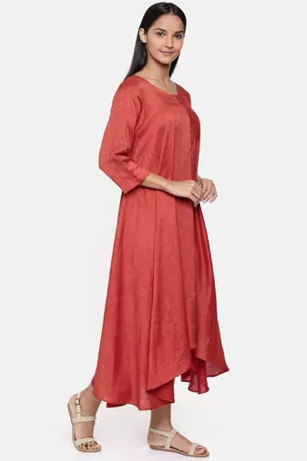 mayank modi  Rust orange high low dress with center show potlis.