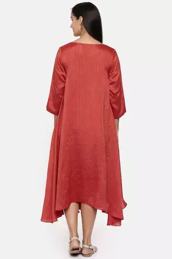 mayank modi  Rust orange high low dress with center show potlis.