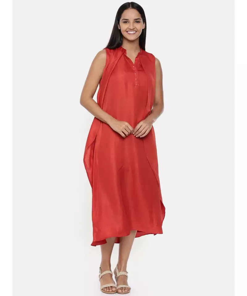 mayank modi  Rust orange cotton silk overlayered dress with sequins detailings.