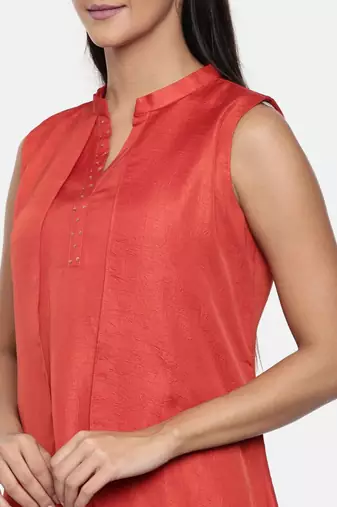 mayank modi  Rust orange cotton silk overlayered dress with sequins detailings.