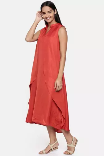 mayank modi  Rust orange cotton silk overlayered dress with sequins detailings.