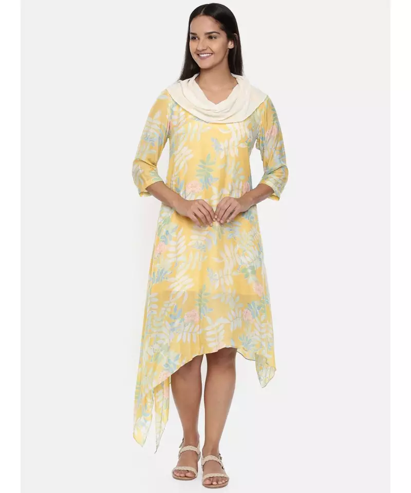 mayank modi  Yellow printed muslin cotton cowl neck dress.