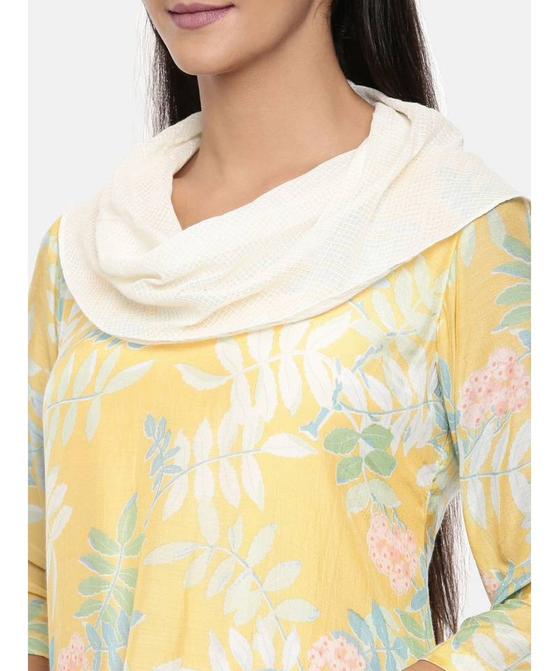mayank modi  Yellow printed muslin cotton cowl neck dress.