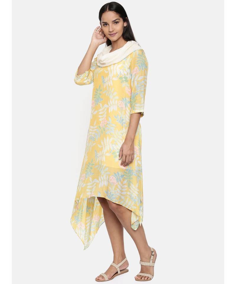 mayank modi  Yellow printed muslin cotton cowl neck dress.