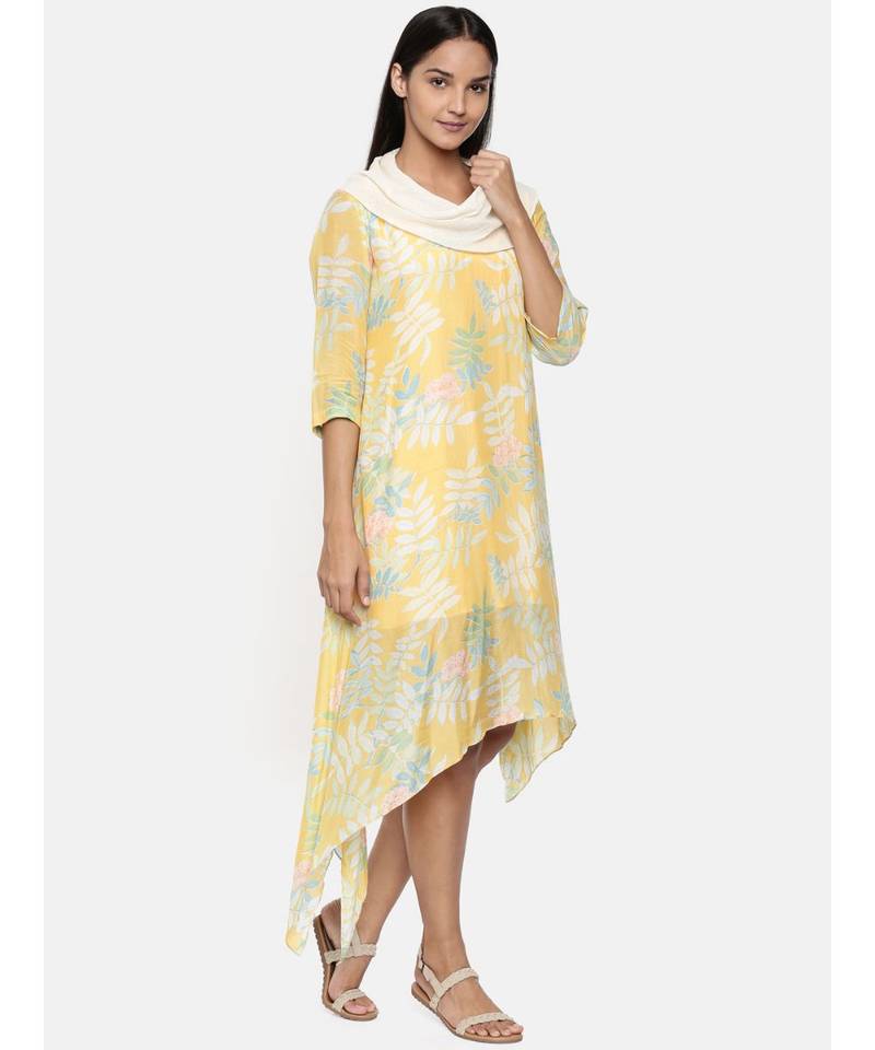mayank modi  Yellow printed muslin cotton cowl neck dress.