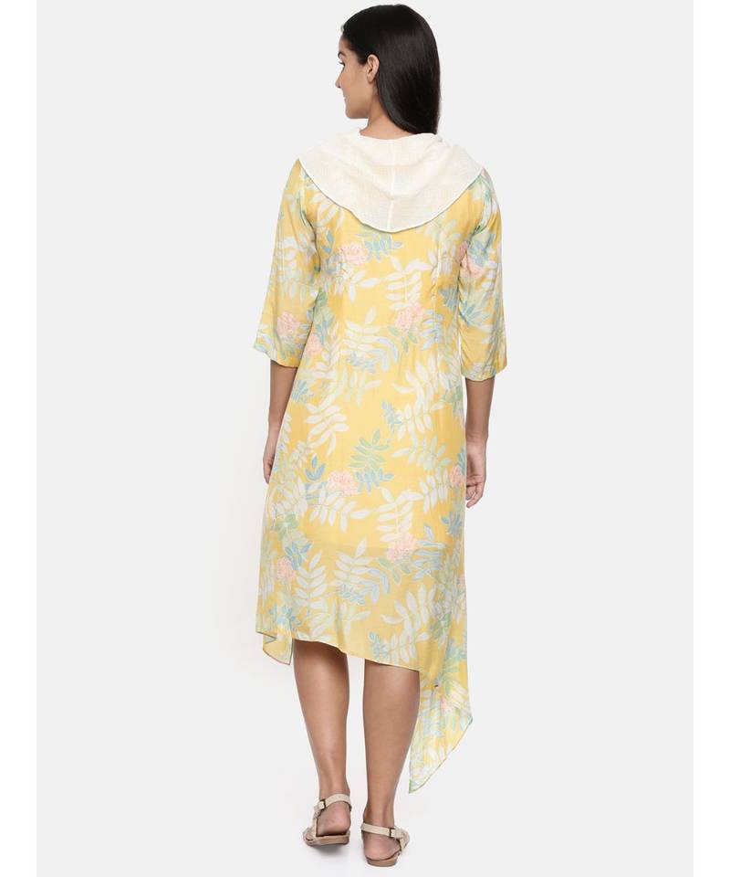 mayank modi  Yellow printed muslin cotton cowl neck dress.