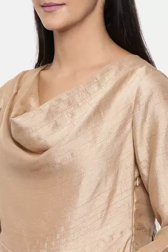 mayank modi  Brass gold, cotton silk high low cowl dress.