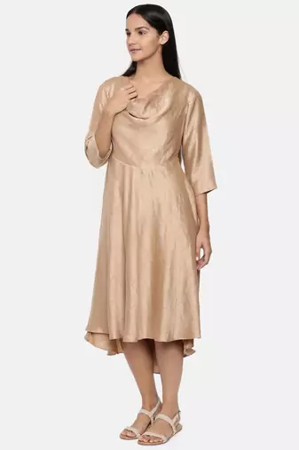 mayank modi  Brass gold, cotton silk high low cowl dress.