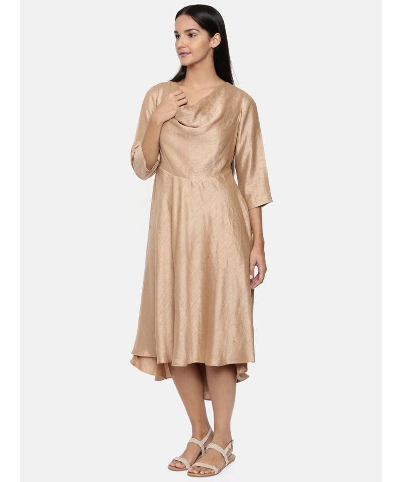 mayank modi  Brass gold, cotton silk high low cowl dress.
