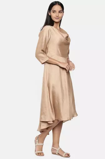 mayank modi  Brass gold, cotton silk high low cowl dress.