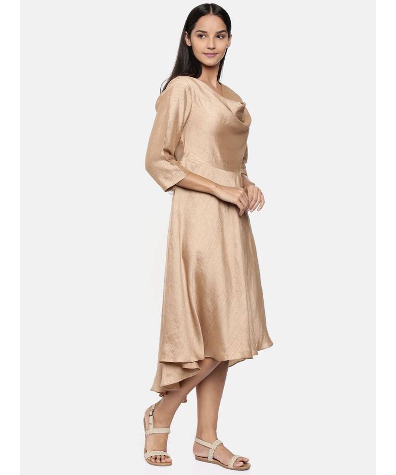 mayank modi  Brass gold, cotton silk high low cowl dress.