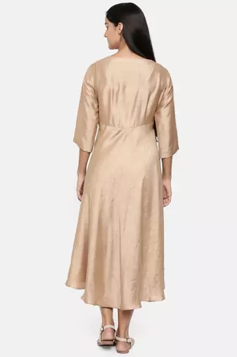 mayank modi  Brass gold, cotton silk high low cowl dress.