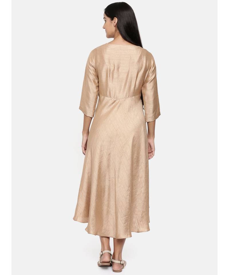 mayank modi  Brass gold, cotton silk high low cowl dress.