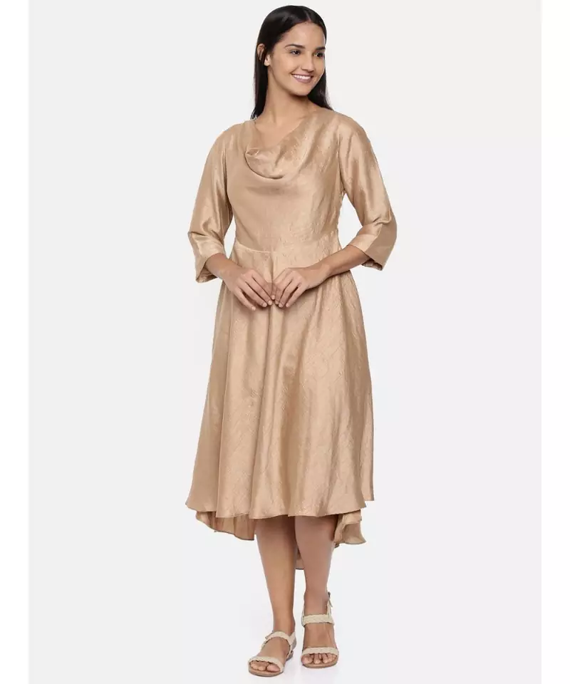 mayank modi  Brass gold, cotton silk high low cowl dress.