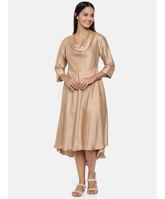 mayank modi  Brass gold, cotton silk high low cowl dress. 1