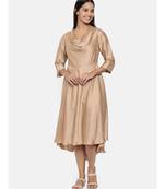 mayank modi  Brass gold, cotton silk high low cowl dress.