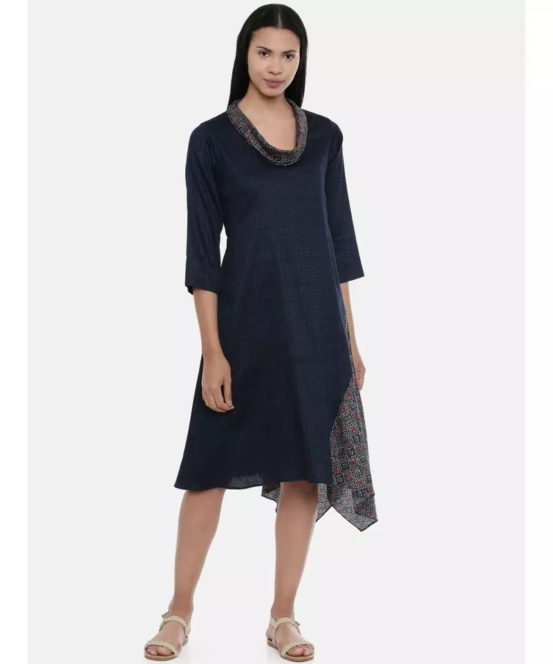 mayank modi Blue Printed and Checked,Cotton Satin asymmetrical cowl dress