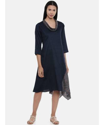 mayank modi Blue Printed and Checked,Cotton Satin asymmetrical cowl dress 1