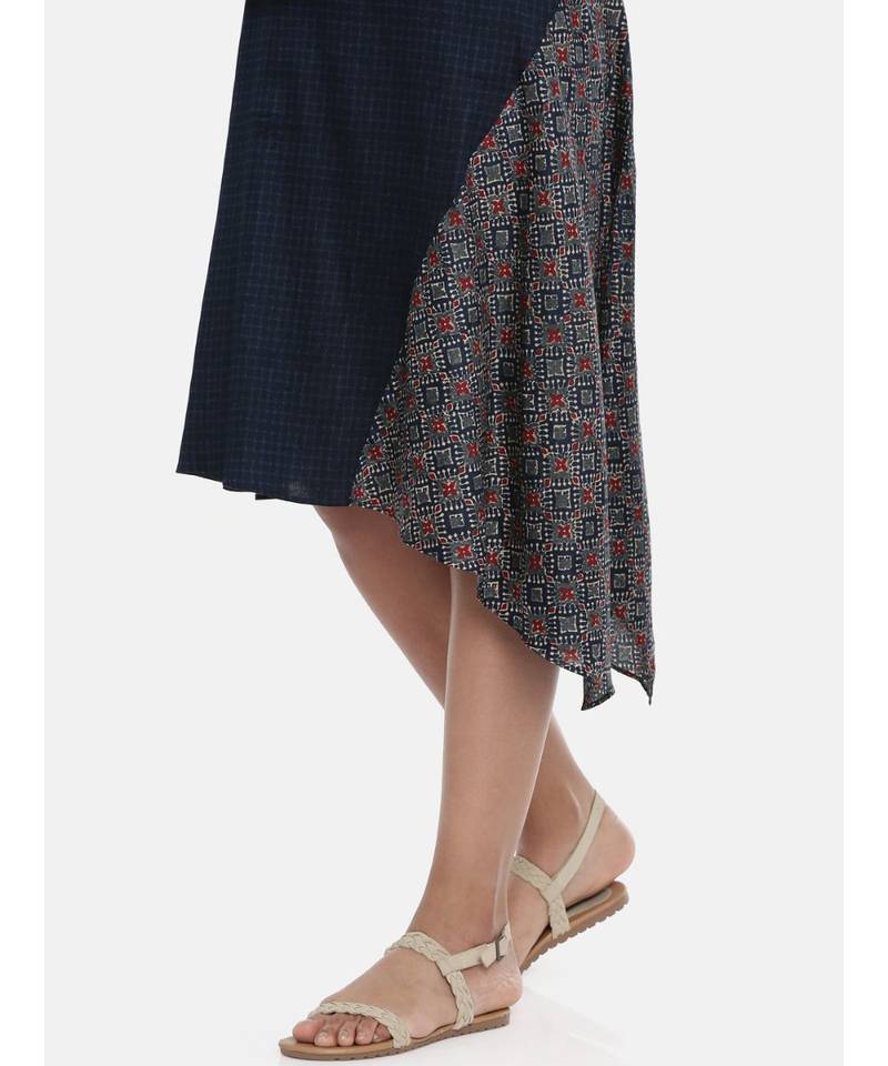 mayank modi Blue Printed and Checked,Cotton Satin asymmetrical cowl dress