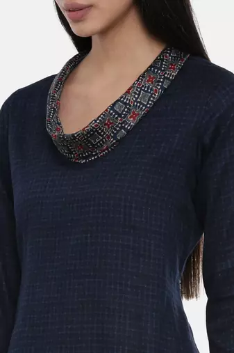 mayank modi Blue Printed and Checked,Cotton Satin asymmetrical cowl dress