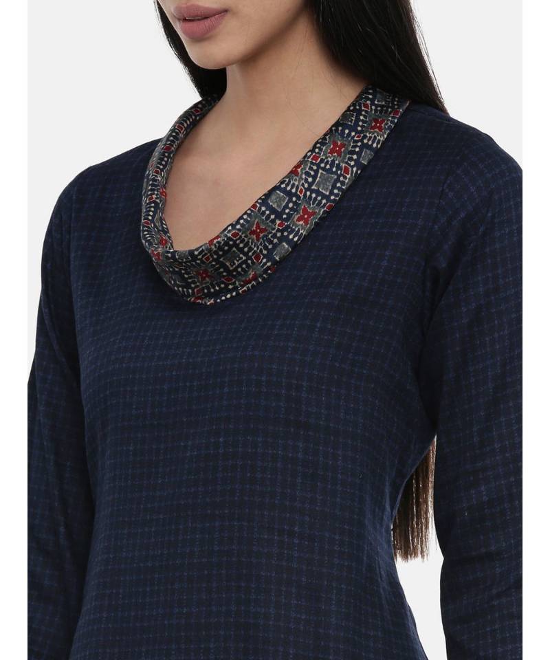 mayank modi Blue Printed and Checked,Cotton Satin asymmetrical cowl dress