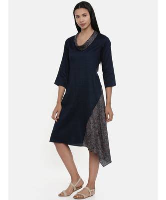 mayank modi Blue Printed and Checked,Cotton Satin asymmetrical cowl dress 4