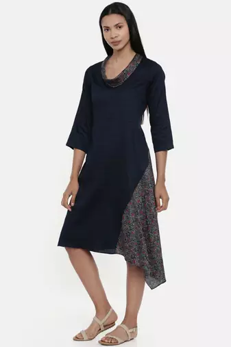 mayank modi Blue Printed and Checked,Cotton Satin asymmetrical cowl dress