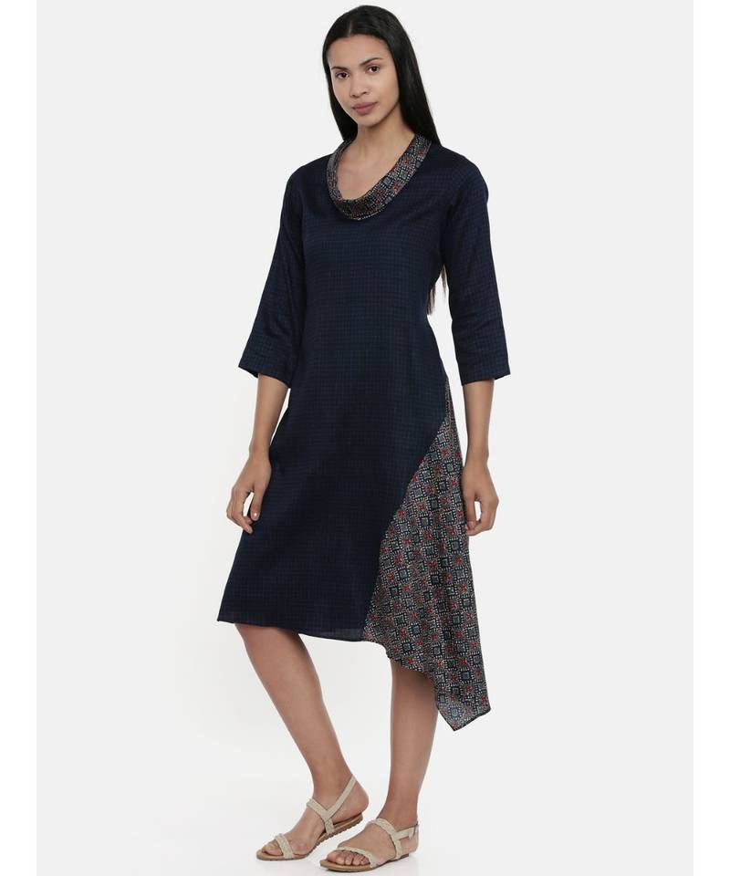 mayank modi Blue Printed and Checked,Cotton Satin asymmetrical cowl dress