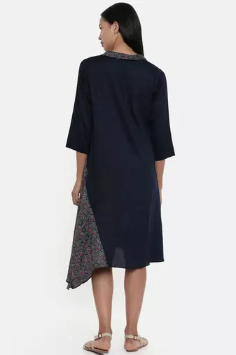 mayank modi Blue Printed and Checked,Cotton Satin asymmetrical cowl dress