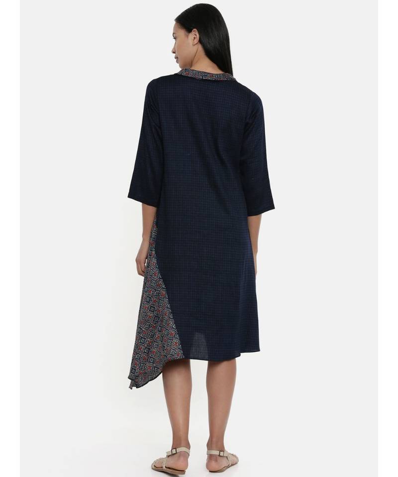 mayank modi Blue Printed and Checked,Cotton Satin asymmetrical cowl dress