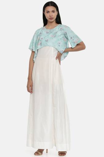 Mayank modi Ivory and Green cotton silk and linen cape gown