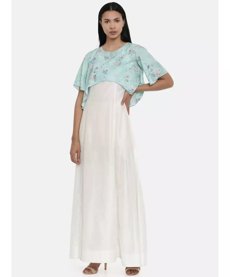 Mayank modi Ivory and Green cotton silk and linen cape gown