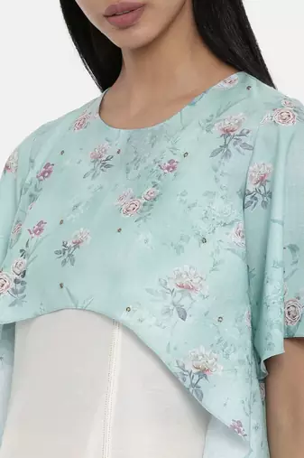 Mayank modi Ivory and Green cotton silk and linen cape gown