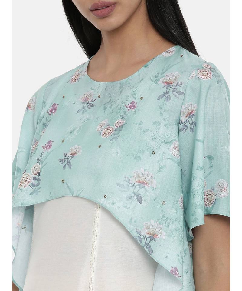 Mayank modi Ivory and Green cotton silk and linen cape gown