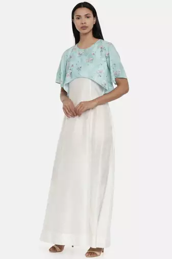 Mayank modi Ivory and Green cotton silk and linen cape gown
