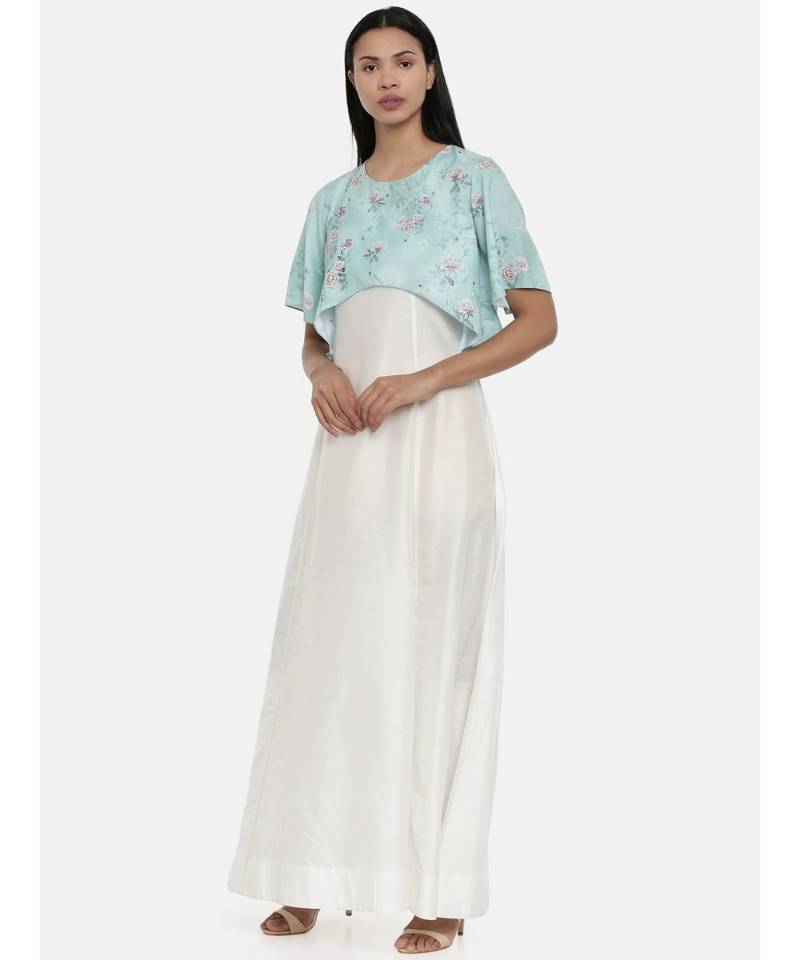 Mayank modi Ivory and Green cotton silk and linen cape gown