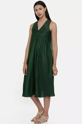 mayank modi Bottle Green,silk slub razer back  dress