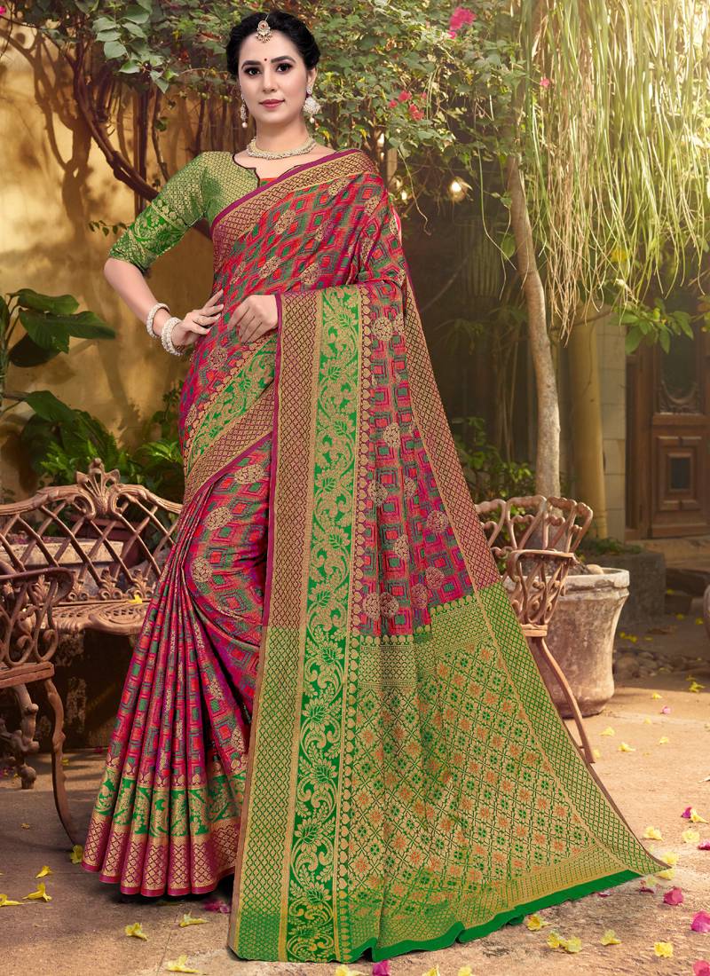 Rani pink woven art silk saree with blouse