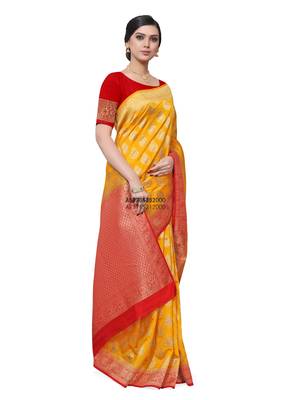 Yellow hand woven dupion silk saree 1